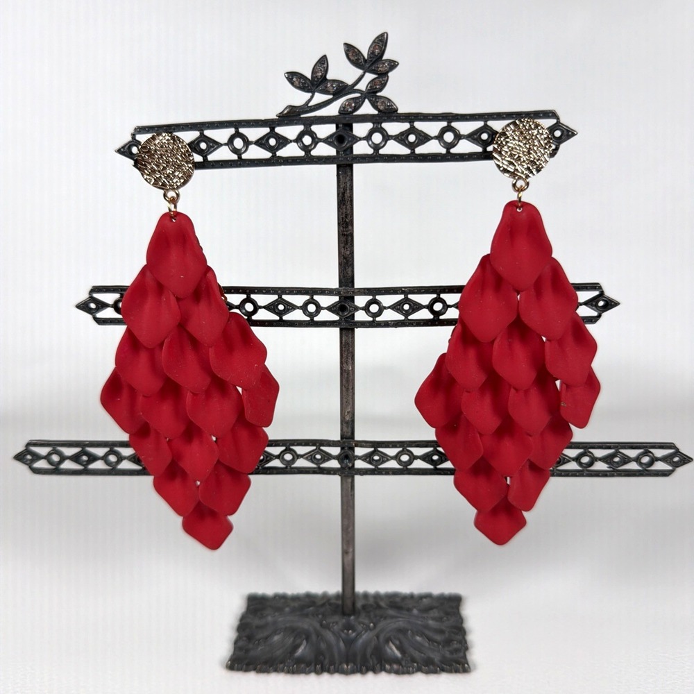 Statement Dangle Earrings Matte Red Petal Gold Tone Boho Tropical Lightweight